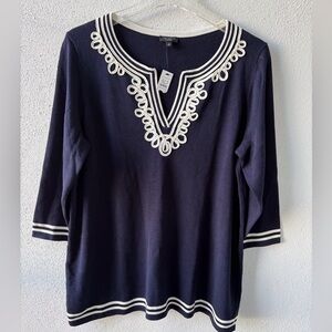 Talbots Embellished‎ Split Neck Navy Sweater Size 1X Petite 3/4 Sleeves Casual